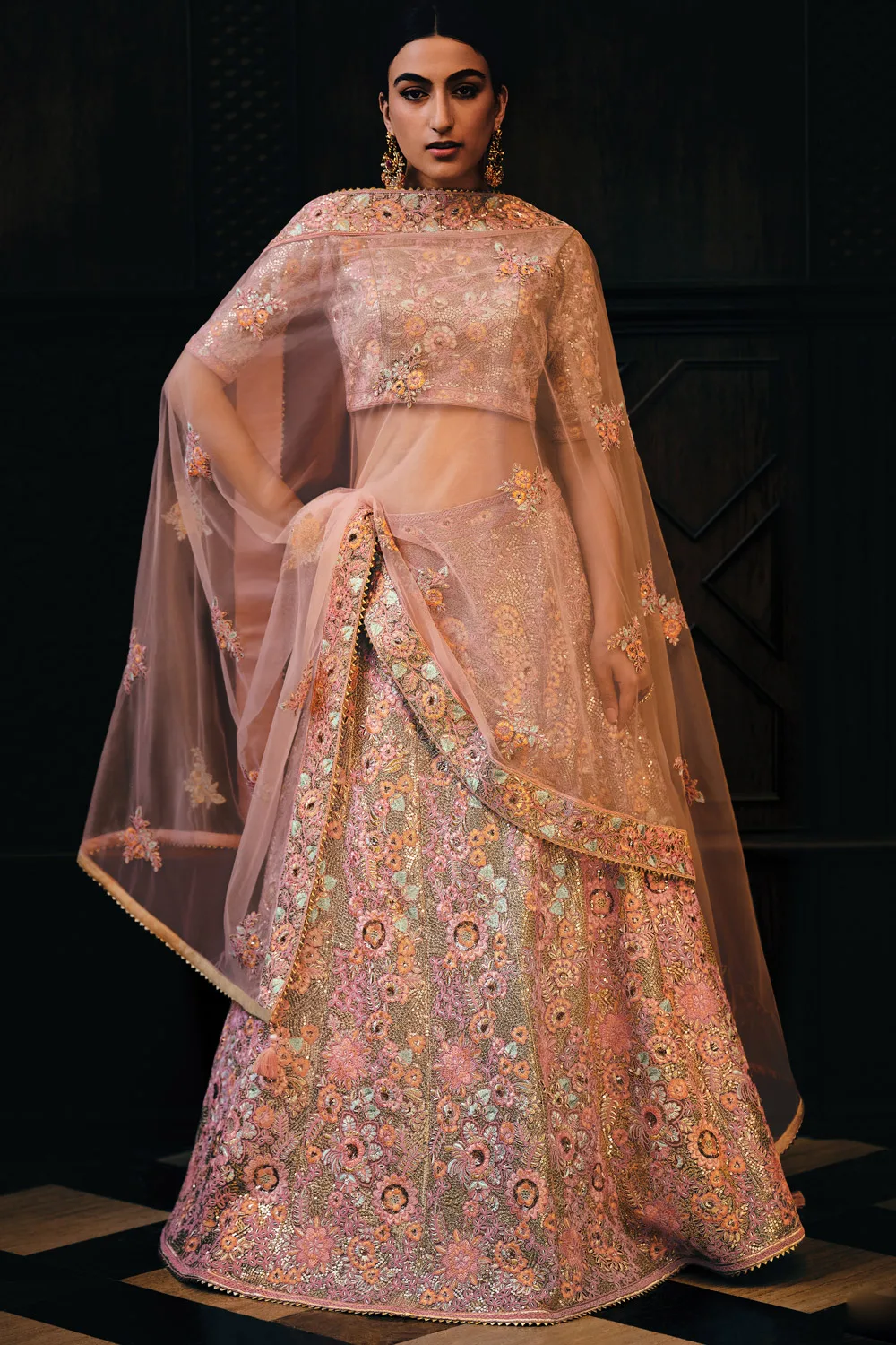 Dusty Pink Heavy Net Embroidered Wedding Lehenga Set Dusty Pink Heavy Net Embroidered Wedding Lehenga Set