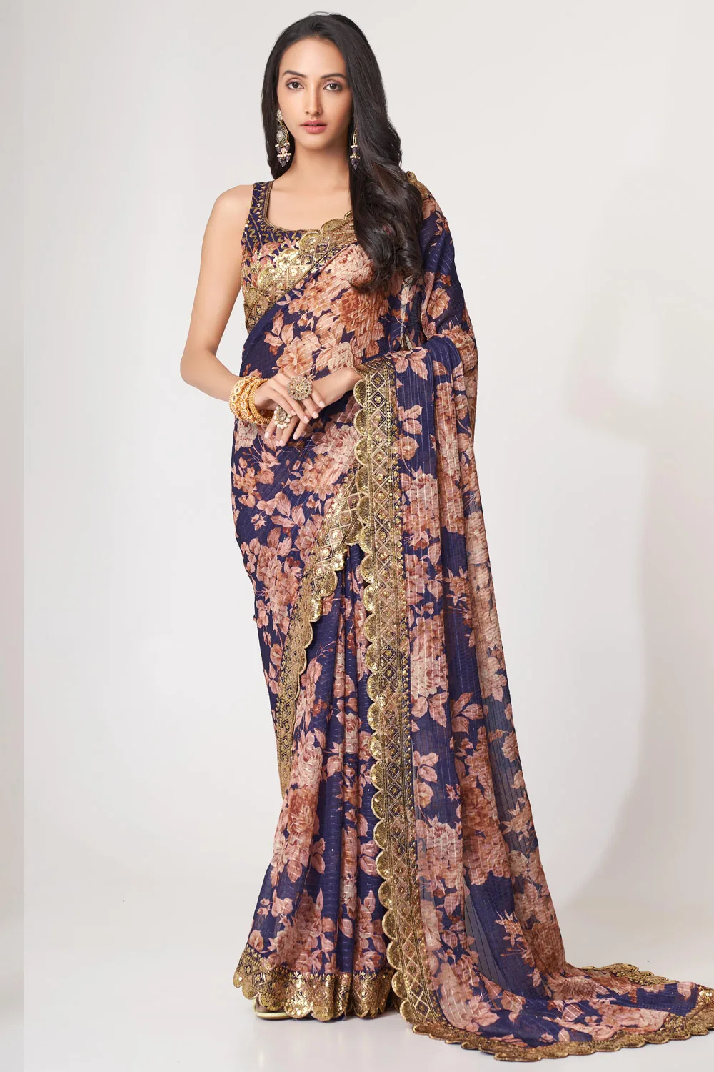 Purple Organza Floral Saree with Sequins Embroidery and Digital Print Purple Organza Floral Saree with Sequins Embroidery and Digital Print