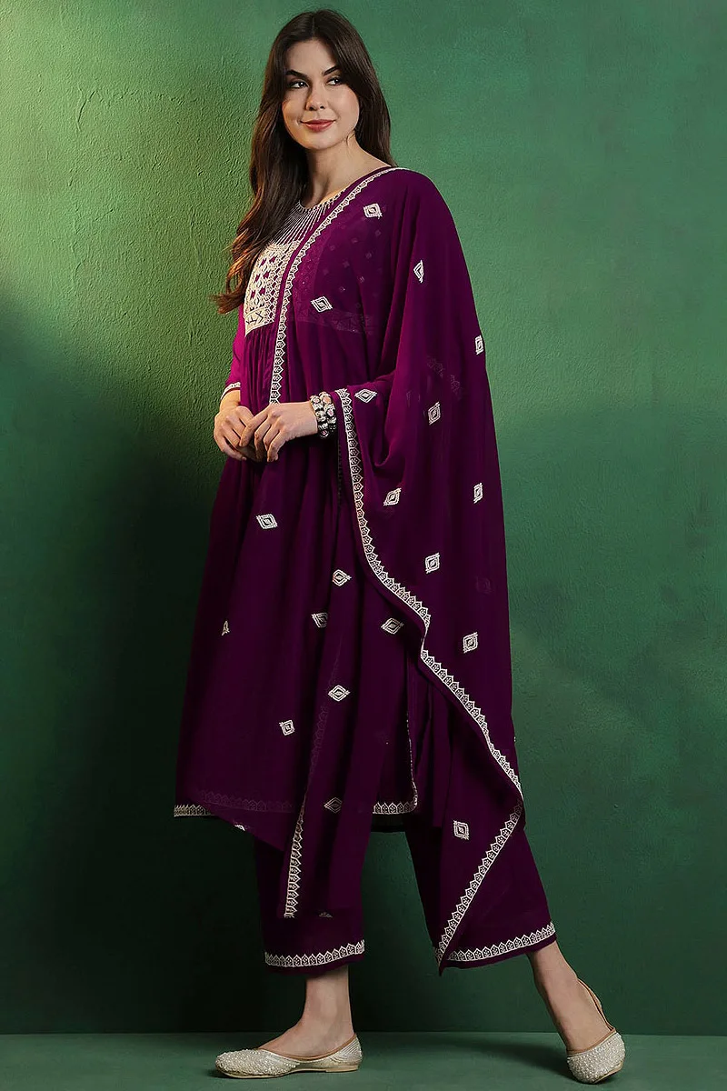 Plum Handcrafted Georgette Anarkali Set with Delicate Embroidery and Printed Dupatta Plum Handcrafted Georgette Anarkali Set with Delicate Embroidery and Printed Dupatta