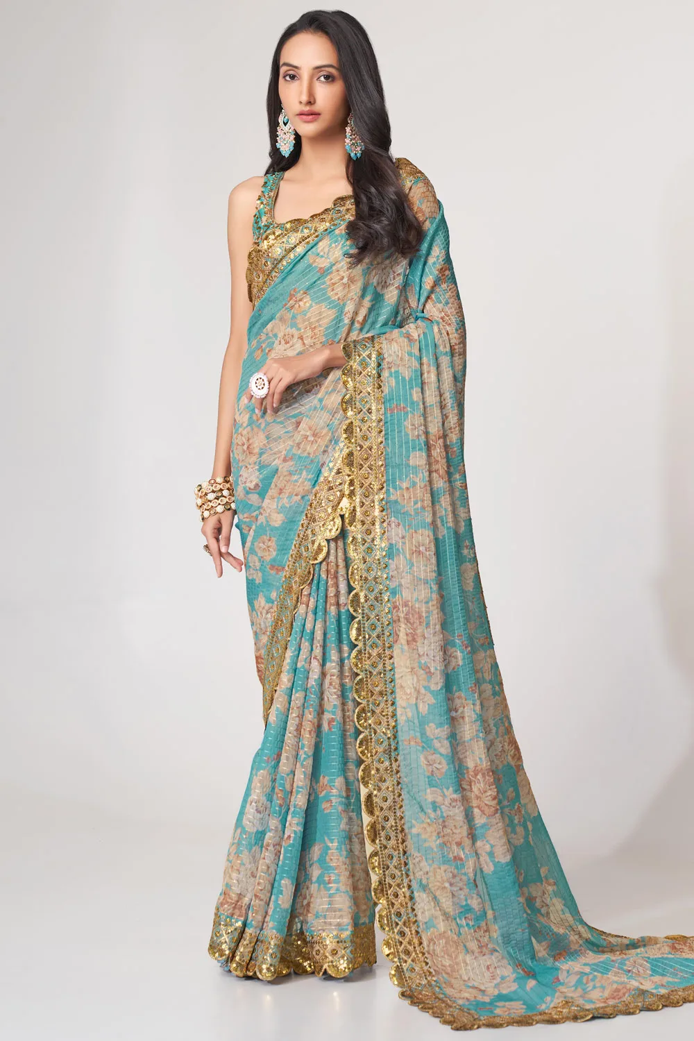 Sky Blue Organza Floral Saree with Sequins Embroidery and Digital Print Sky Blue Organza Floral Saree with Sequins Embroidery and Digital Print