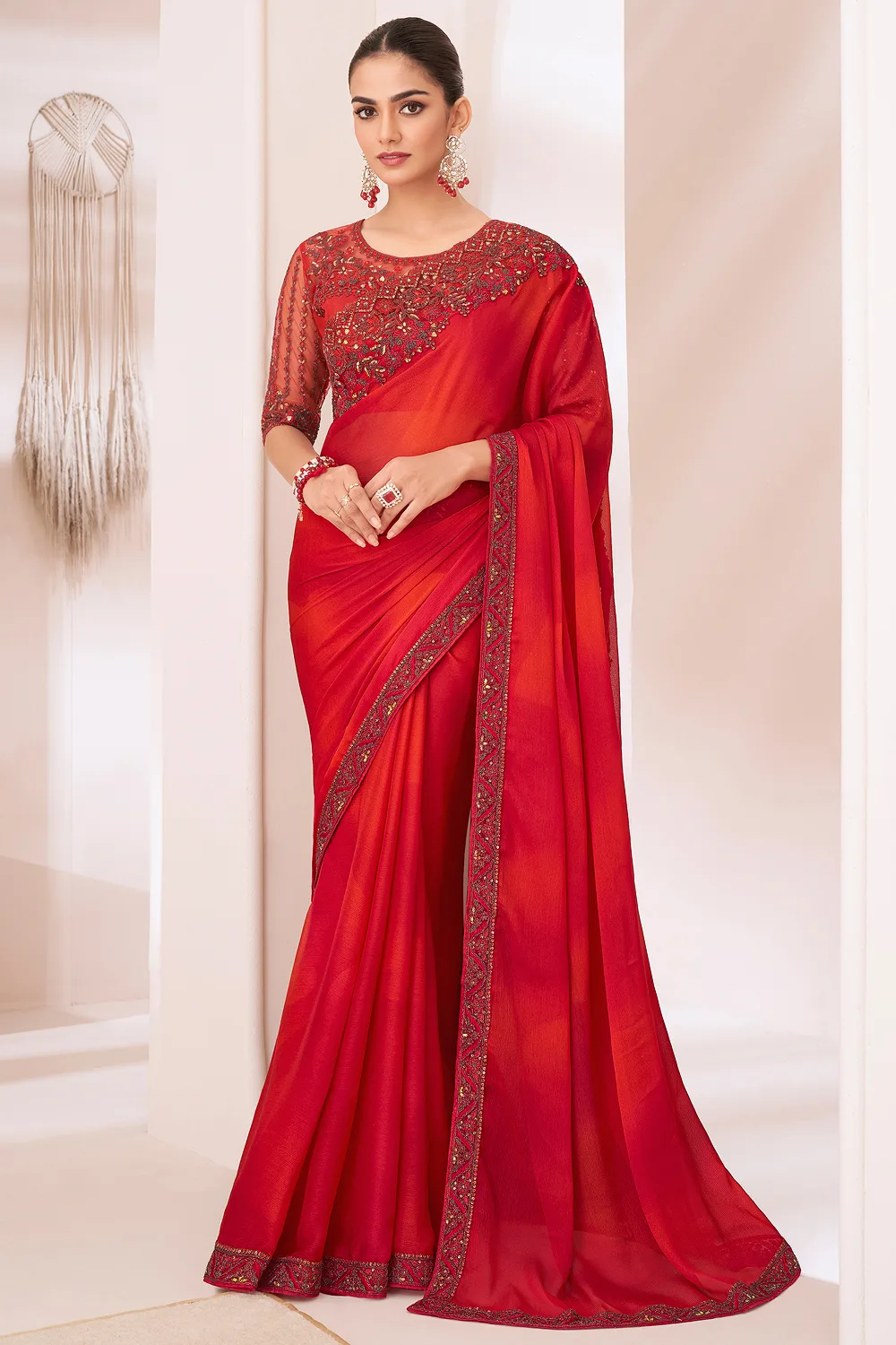 Stunning Red Shaded Chiffon Saree with Banglori Silk Blouse – Perfect Party Wear Stunning Red Shaded Chiffon Saree with Banglori Silk Blouse – Perfect Party Wear