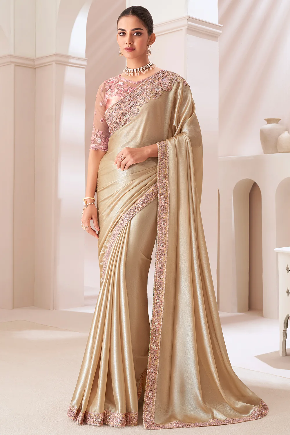 Luxurious Beige Sartin Gold Chiffon Saree with Sartin Silk Blouse – Perfect for Special Occasions Luxurious Beige Sartin Gold Chiffon Saree with Sartin Silk Blouse – Perfect for Special Occasions