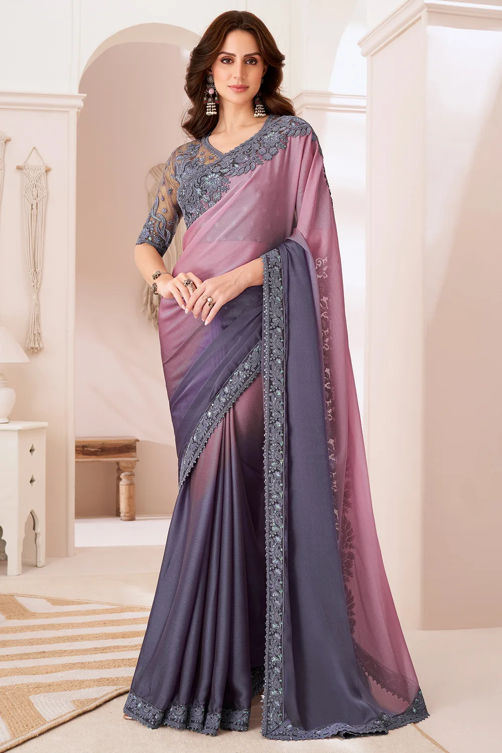 Exquisite Lavender Shaded Chiffon Saree with Banglori Silk Blouse – Ideal for Elegant Occasions Exquisite Lavender Shaded Chiffon Saree with Banglori Silk Blouse – Ideal for Elegant Occasions