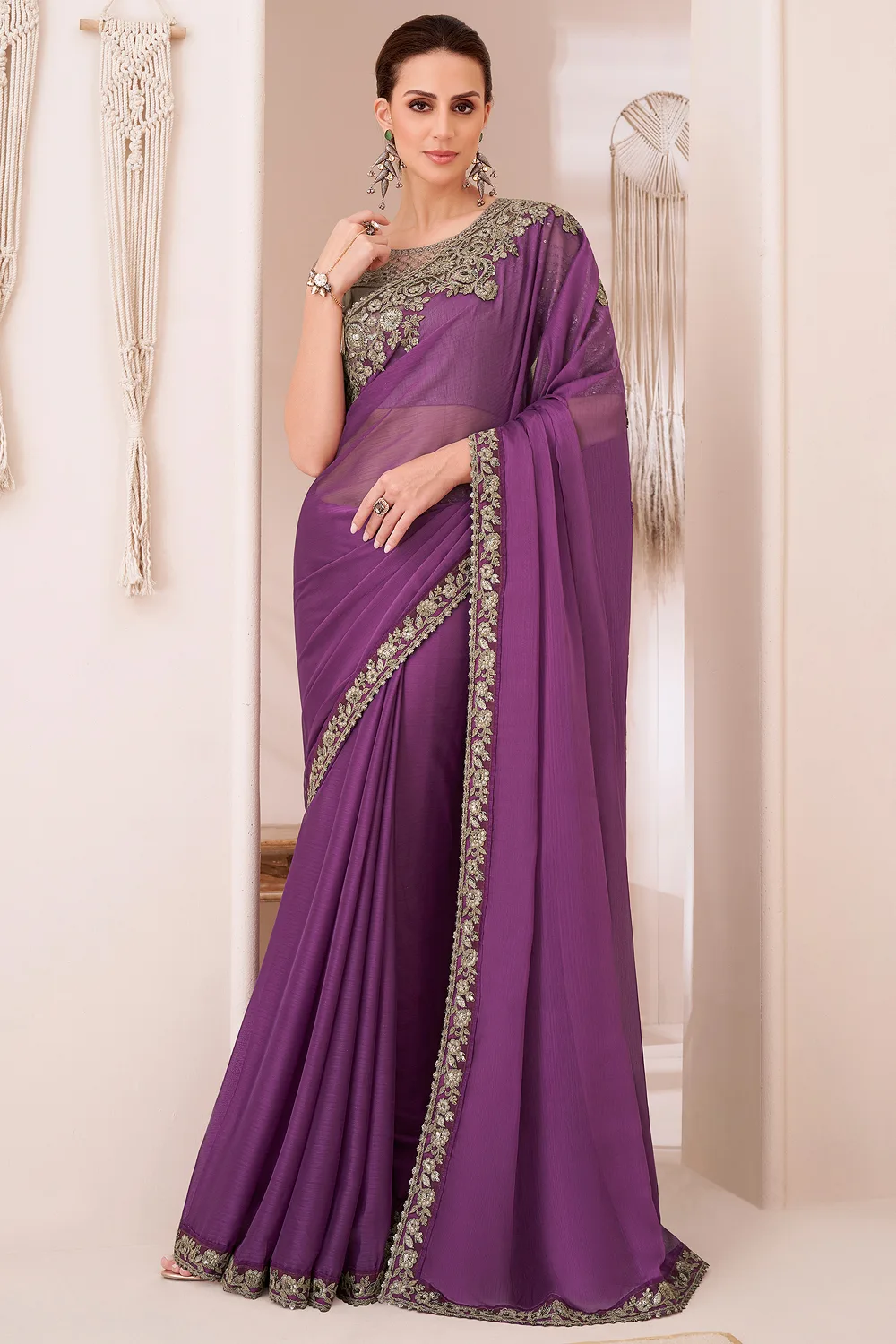 Luxurious Dark Purple Shaded Chiffon Saree with Banglori Silk Blouse Luxurious Dark Purple Shaded Chiffon Saree with Banglori Silk Blouse