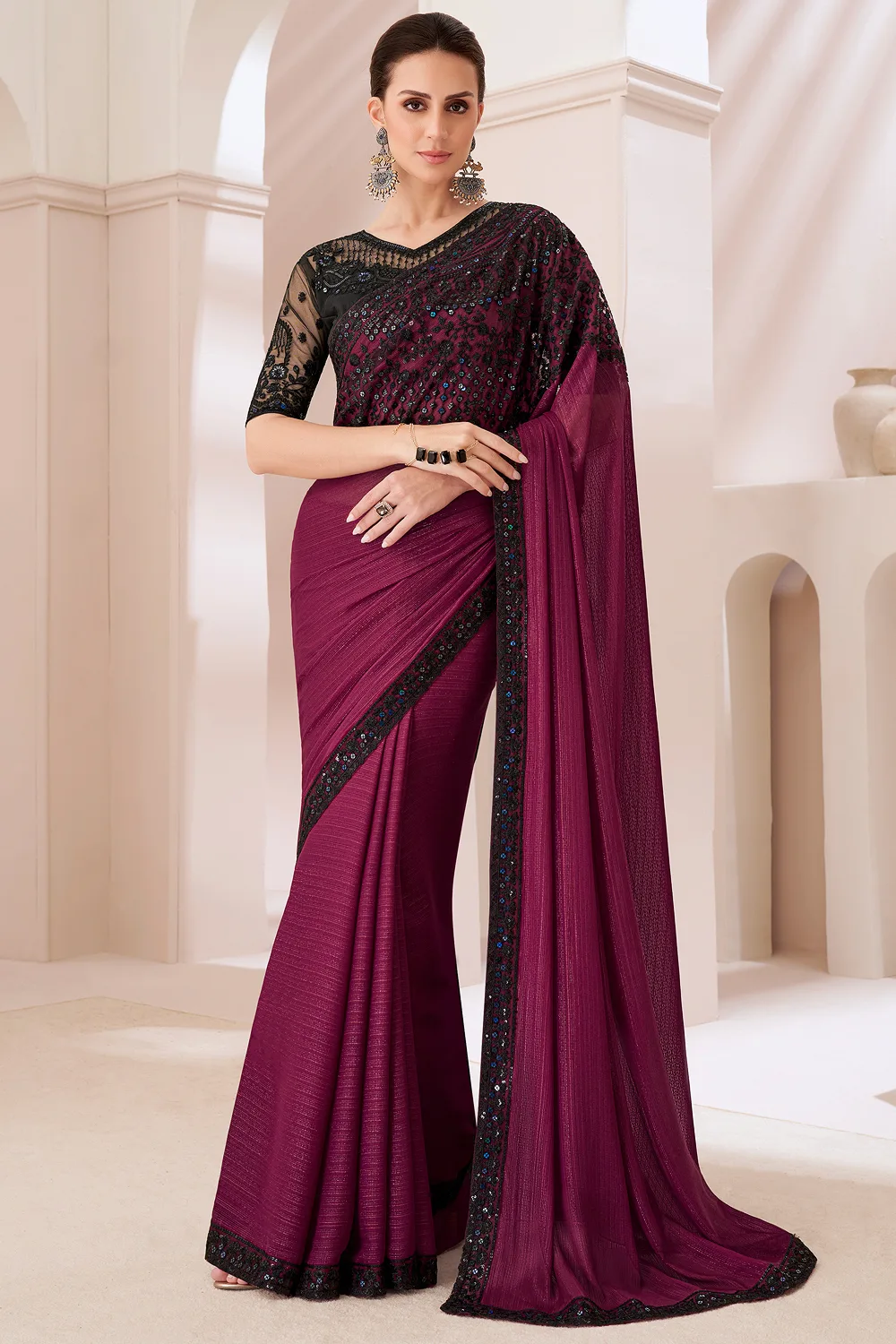 Opulent Burgundy Shaded Chiffon Saree with Banglori Silk Blouse Opulent Burgundy Shaded Chiffon Saree with Banglori Silk Blouse