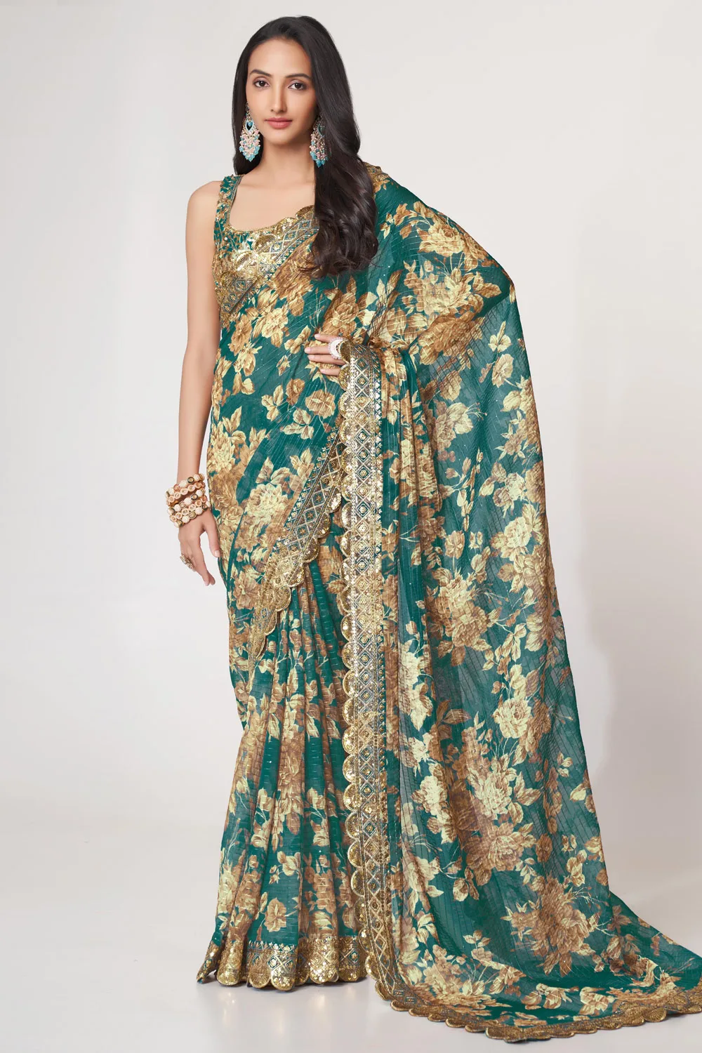 Teal Blue Organza Floral Saree with Sequins Embroidery and Digital Print Teal Blue Organza Floral Saree with Sequins Embroidery and Digital Print