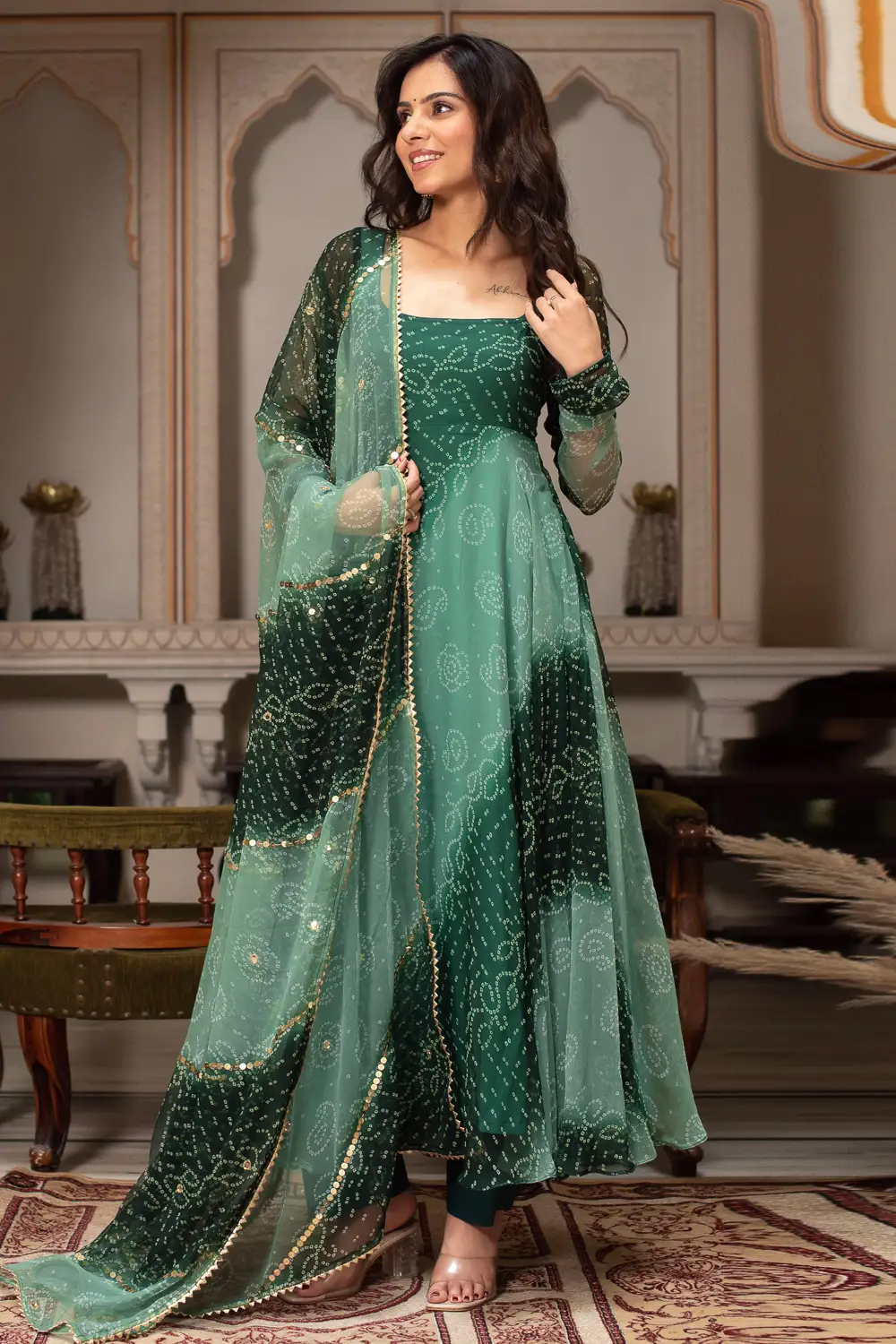 Teal Green Bandhni Print Anarkali Gown with Dori Back & Dupatta Teal Green Bandhni Print Anarkali Gown with Dori Back & Dupatta
