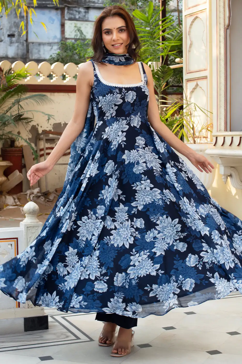 Navy Blue Bandhni Print Anarkali Gown with Dori Back & Dupatta Navy Blue Bandhni Print Anarkali Gown with Dori Back & Dupatta