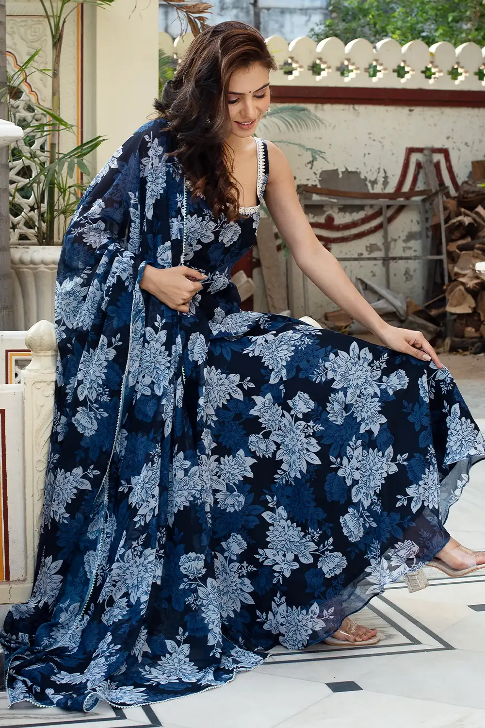 Neck Design Close-up on Blue Anarkali Gown