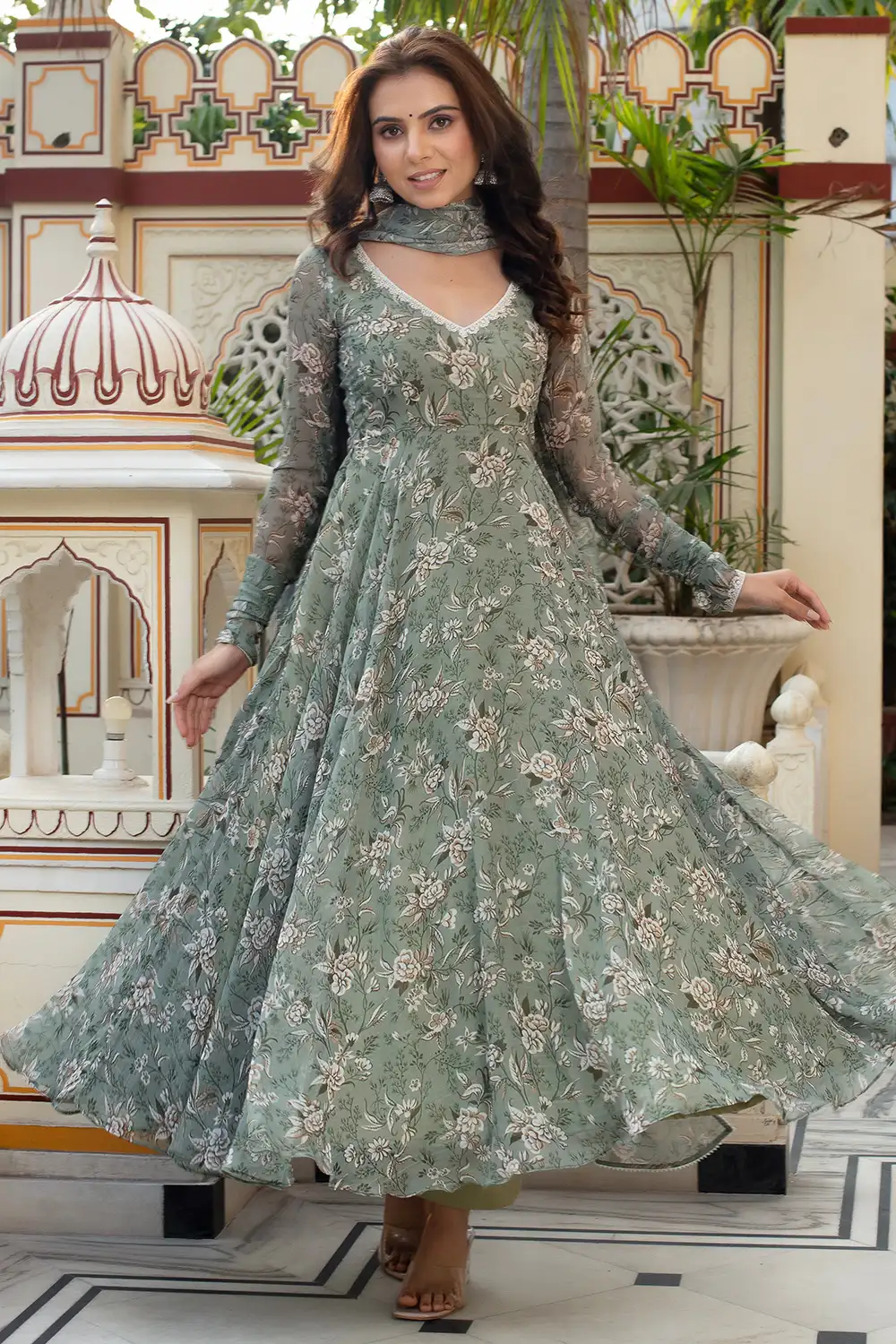Full-Length Style Shot of Dusty Green Party Gown