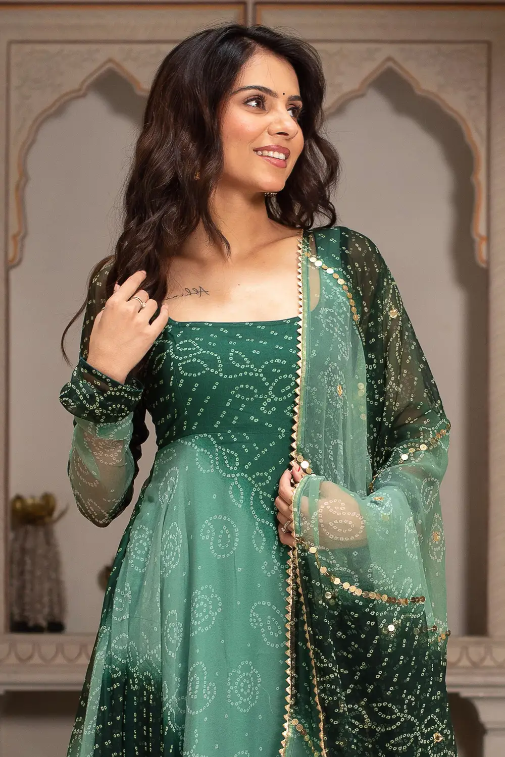Close-up of Fancy Neck Design on Anarkali Gown
