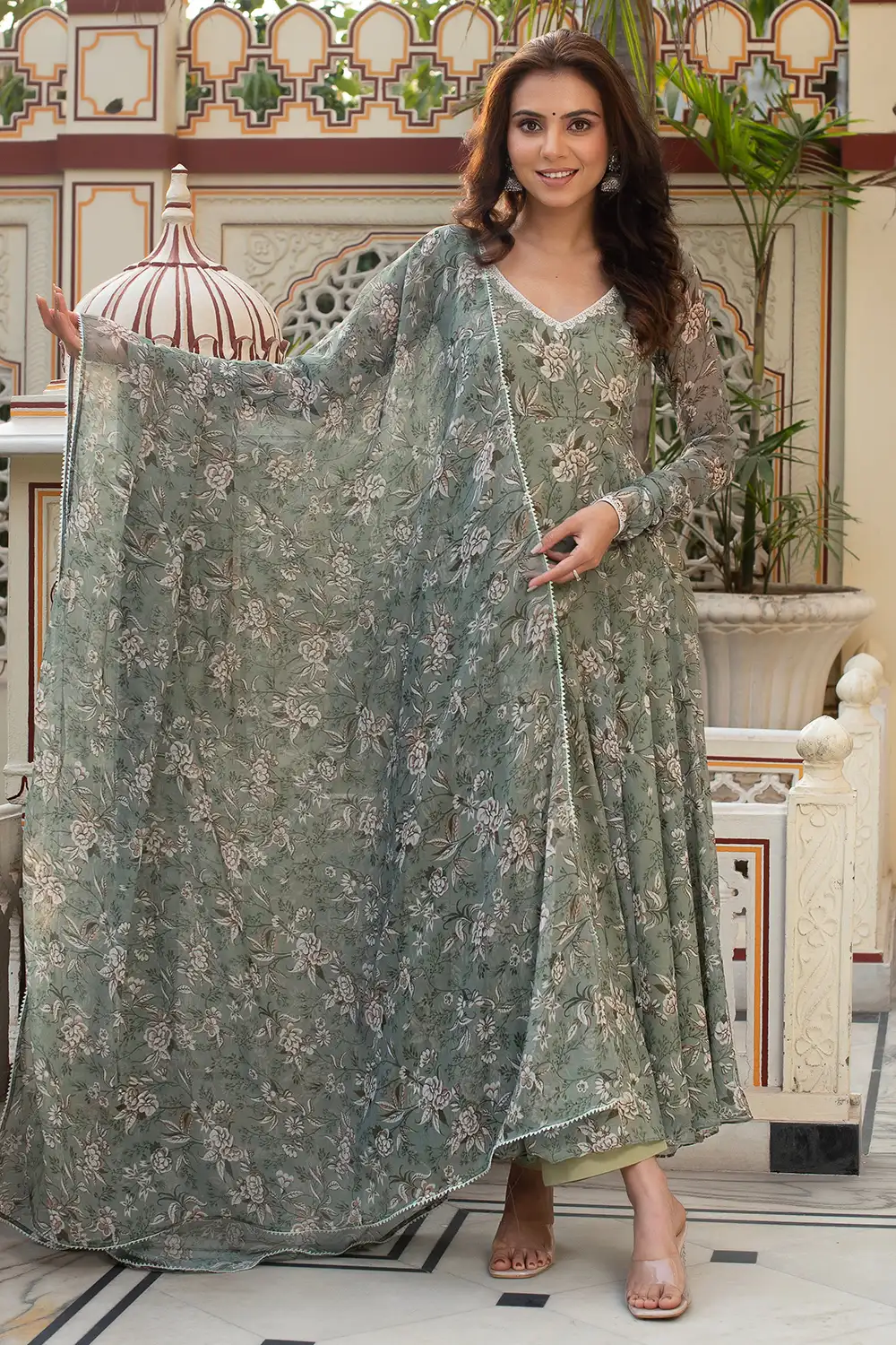 Model Wearing Dusty Green Anarkali for Party Event
