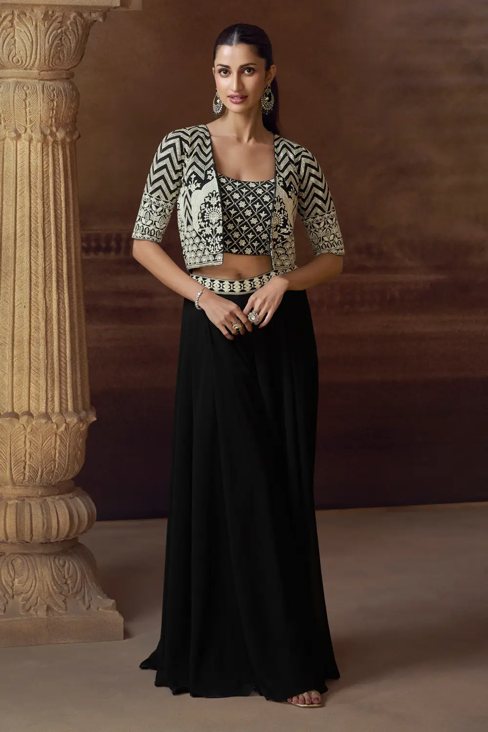Model wearing the Black Crop Top & Palazzo Set for party wear