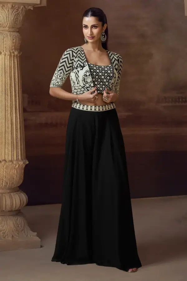 Black Crop Top Indo-Western Set - Front View