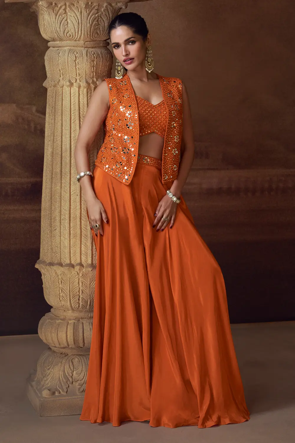 Orange Embroidered Top & Palazzo Set With Jacket Orange Embroidered Top & Palazzo Set With Jacket