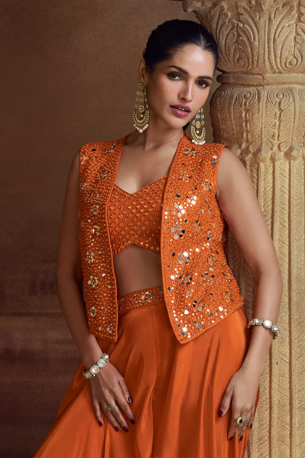 Model wearing the Orange Top & Palazzo Set for wedding