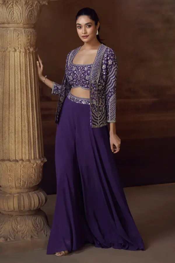 Violet Indo Western Dress Set - Front View showing jacket and palazzo