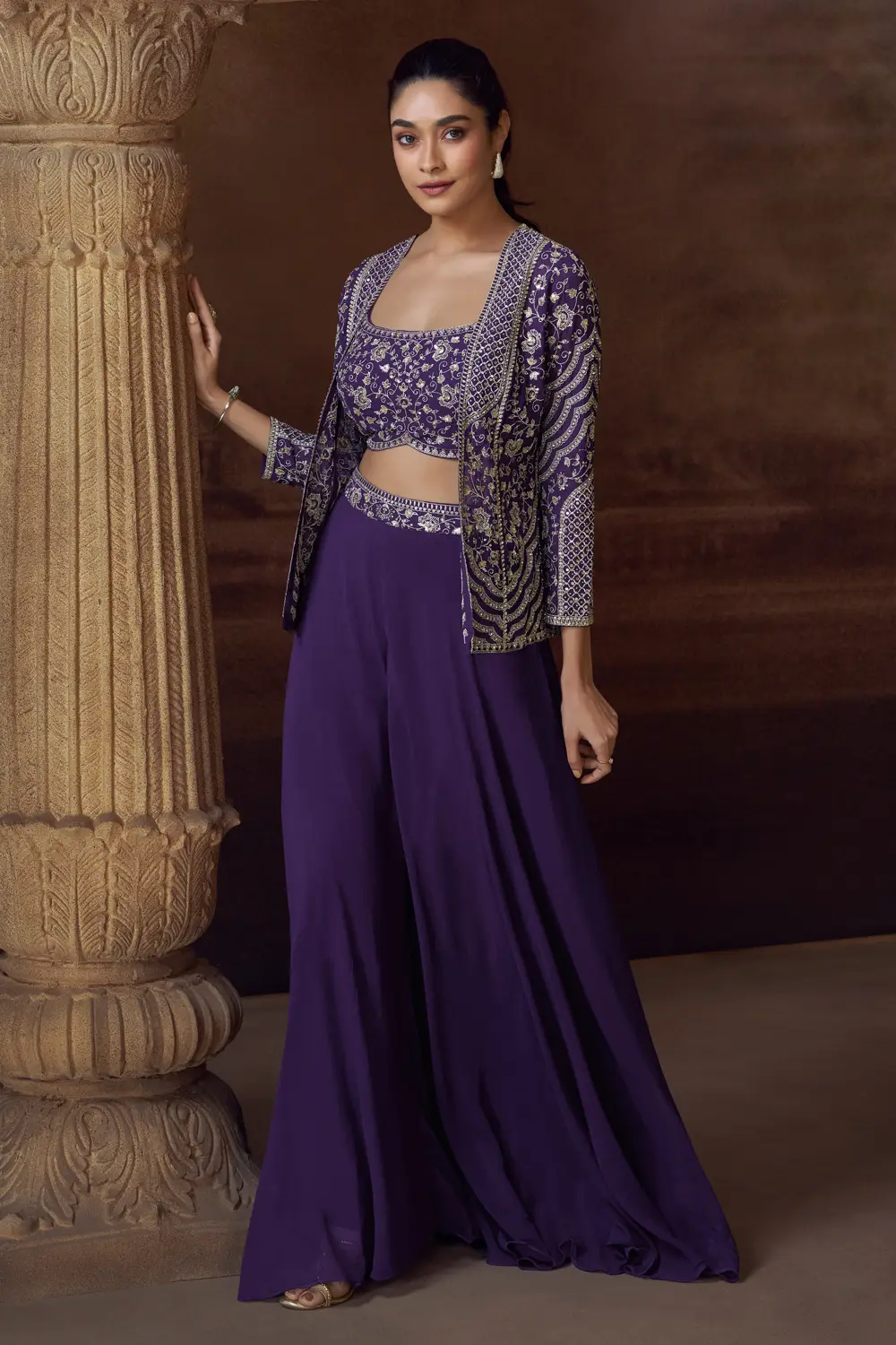 Violet Indo Western Dress Set - Front View showing jacket and palazzo