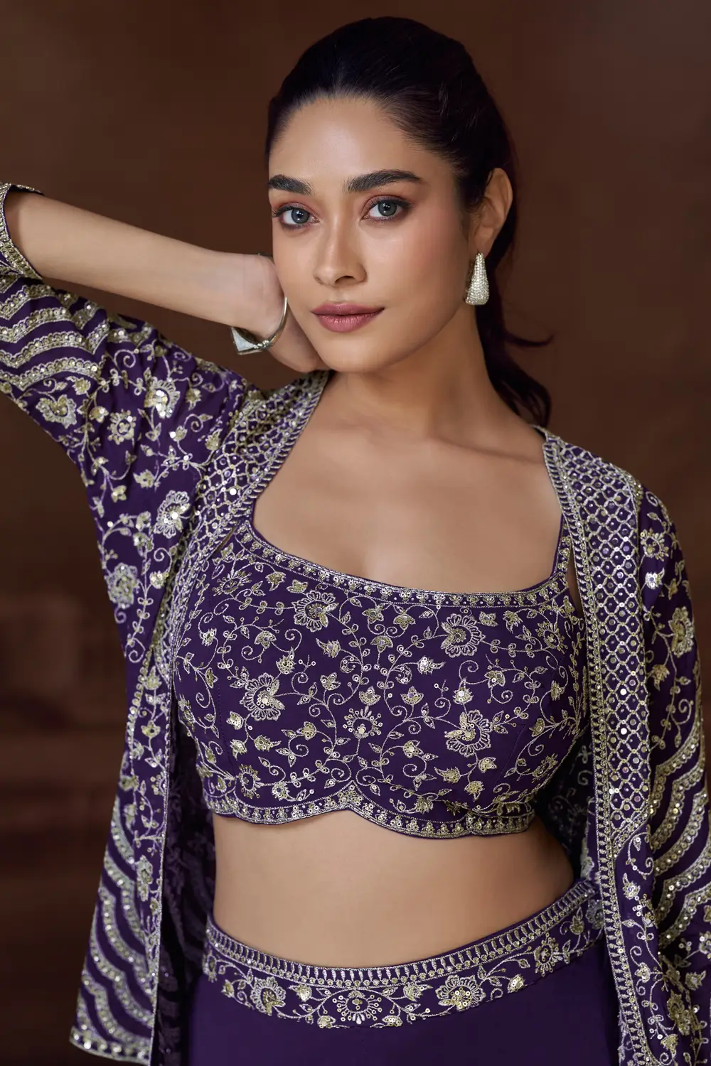 Model wearing the Violet Indo Western Dress Set for a wedding