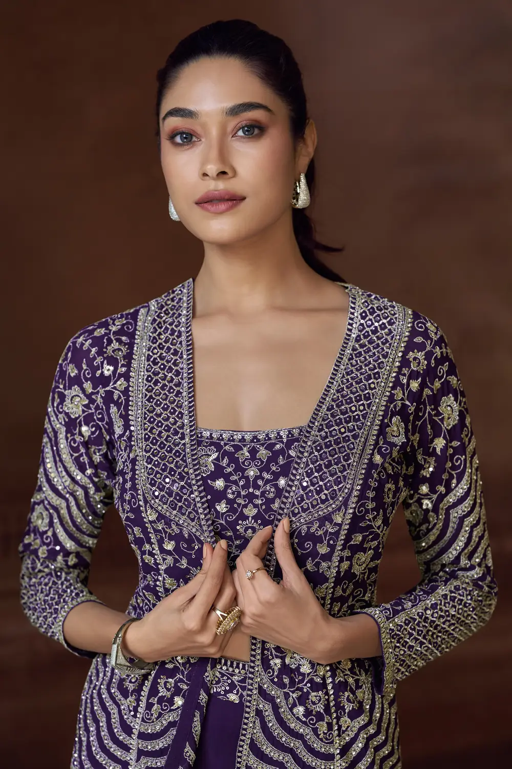 Close-up of Mirror Work Embroidery on Violet Indo Western Jacket