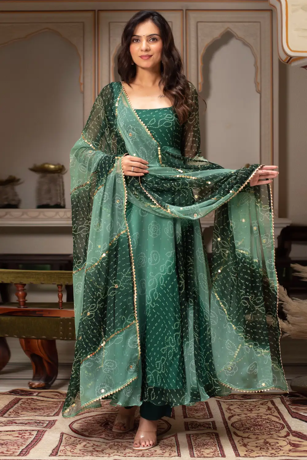 Dupatta with Lace Border and Sequins - Flat Lay