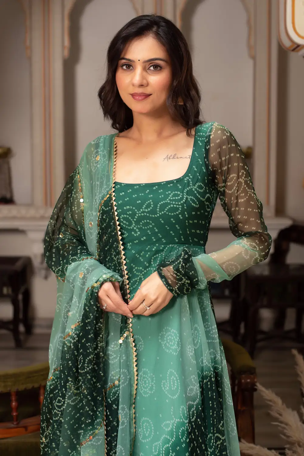 Close-up of Bandhni Print on Teal Green Georgette Gown