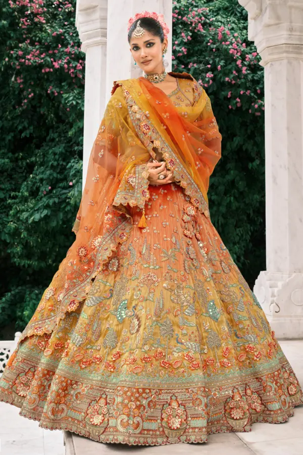 Orange Lehenga Full Set Front View showcasing elaborate embroidery