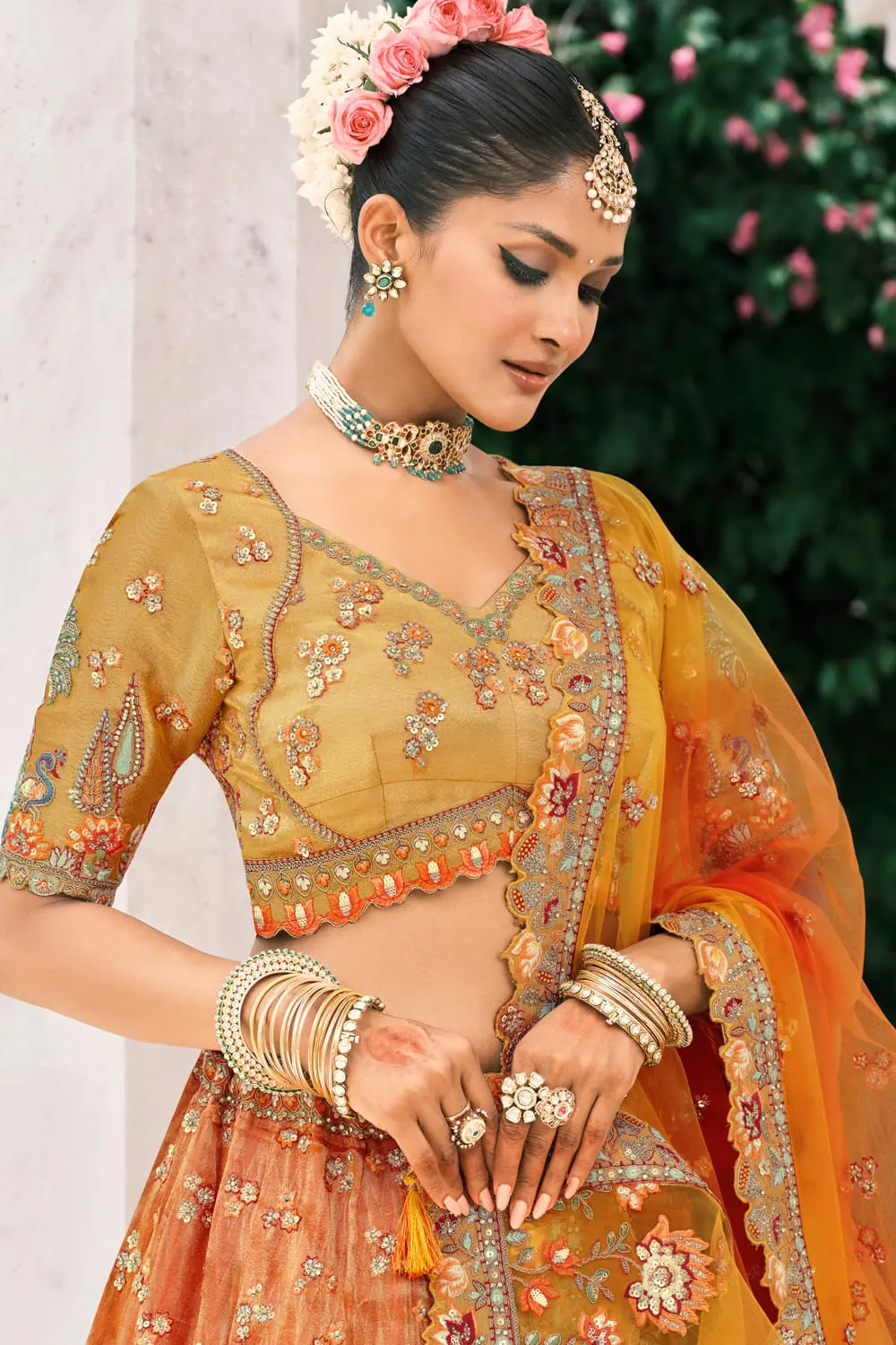 Flat Lay of Silk Lehenga Fabric with Cut Work Border Detail
