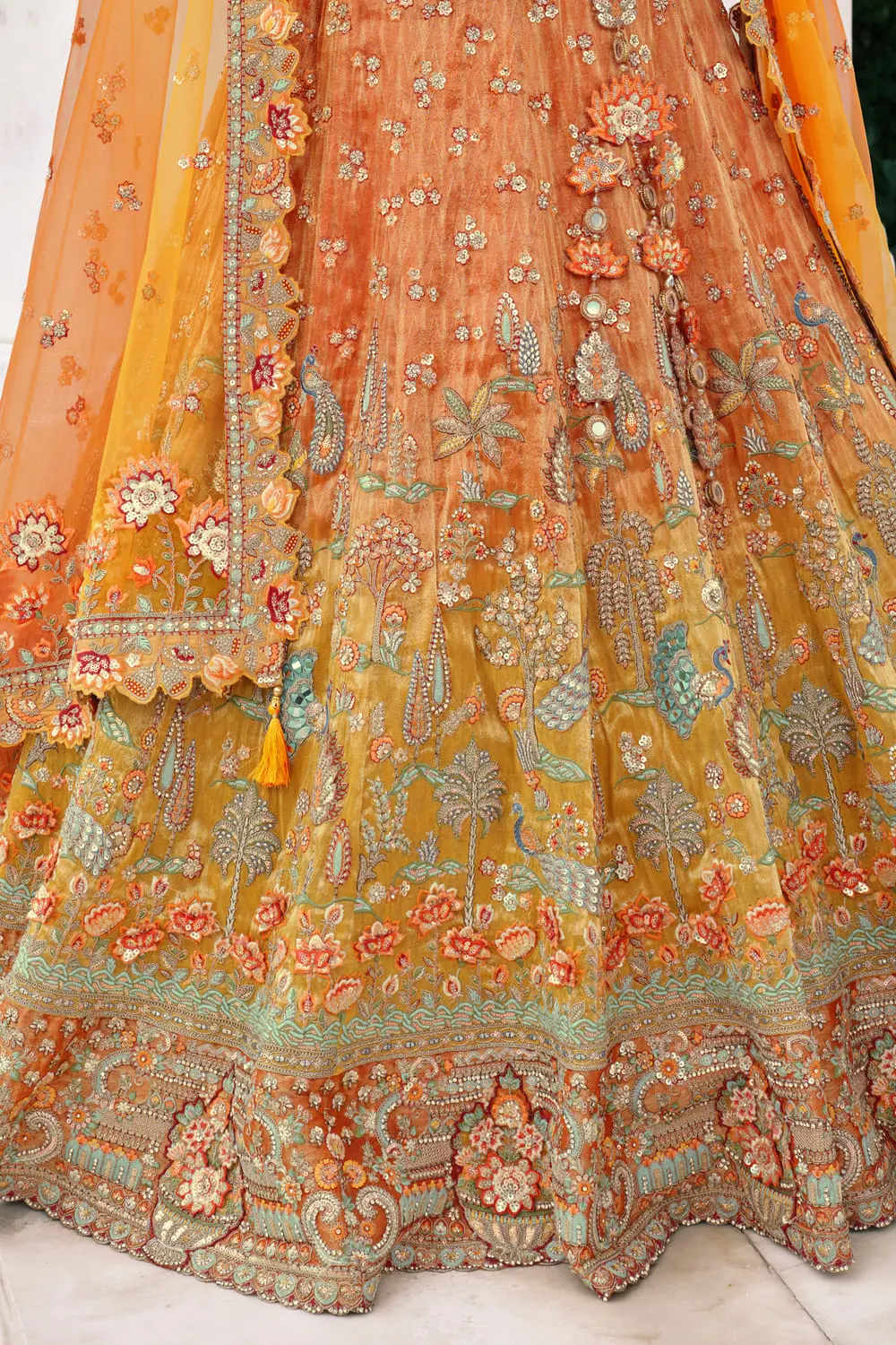 Back Detail of Lehenga showcasing intricate mirror and embroidery work