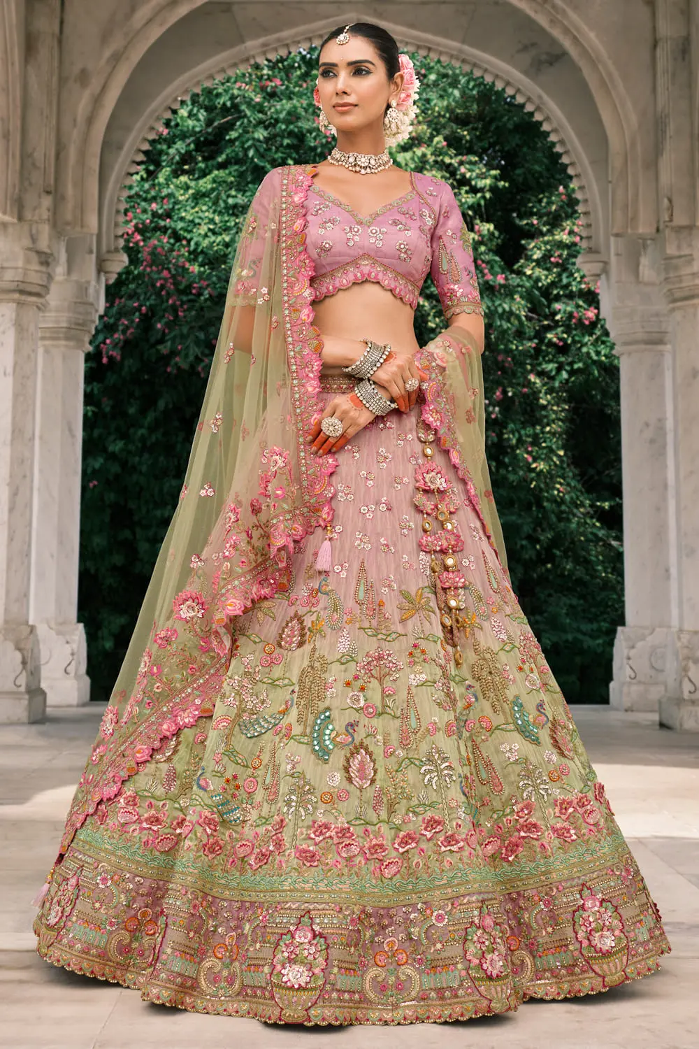 Designer Pink & Green Two-Tone Bridal Lehenga Choli with Elaborate Embroidery Designer Pink & Green Two-Tone Bridal Lehenga Choli with Elaborate Embroidery