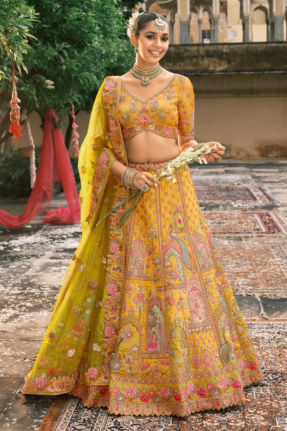 Yellow lehenga set front view for haldi ceremony