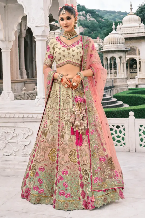 Ivory lehenga with pink accents front view showcasing embroidery