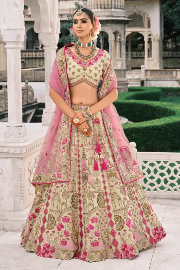 Ivory lehenga bridal set front view showing intricate embroidery