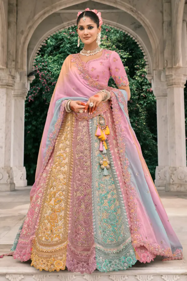 Dusty pink lehenga front view showing multi-color embroidery