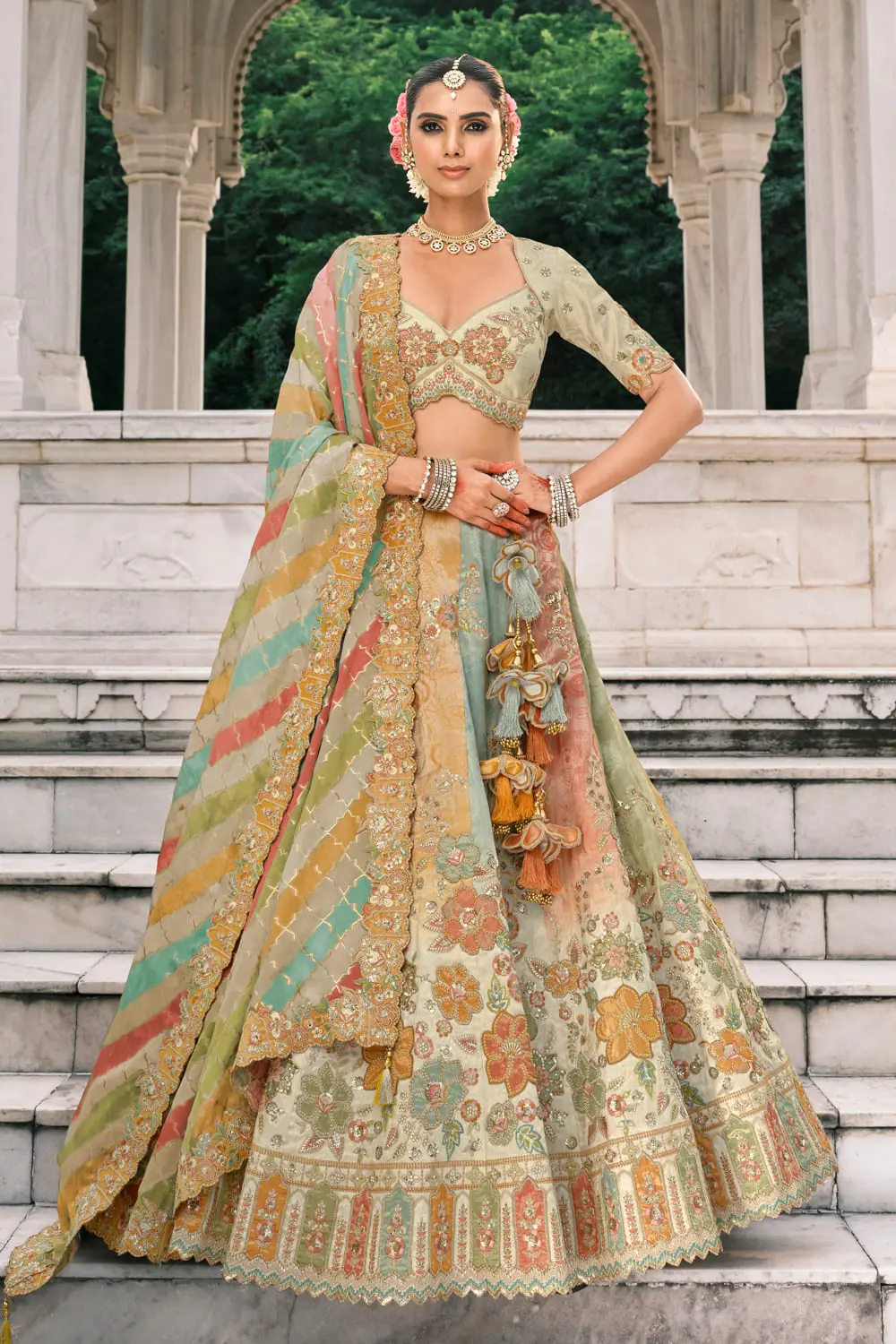 Luxury Cream & Gold Embroidered Lehenga with Elaborate Stone Work Luxury Cream & Gold Embroidered Lehenga with Elaborate Stone Work