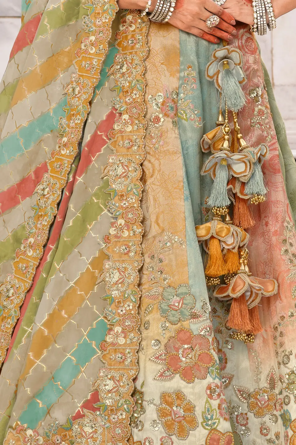 Cream lehenga with blouse modeled for wedding inspiration