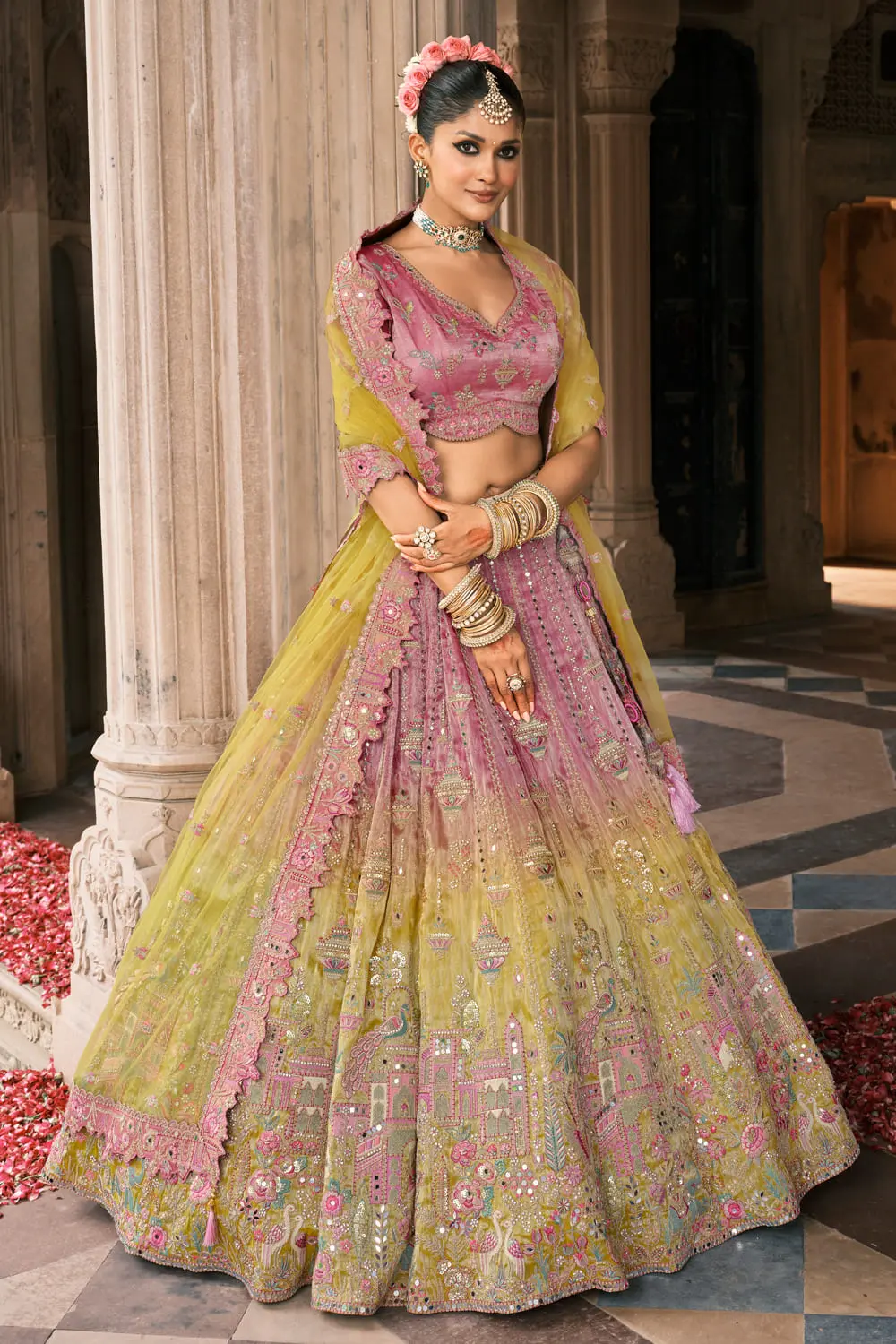 Designer Pink & Yellow Fancy Silk Lehenga Choli | Embroidered Party Wear Designer Pink & Yellow Fancy Silk Lehenga Choli | Embroidered Party Wear