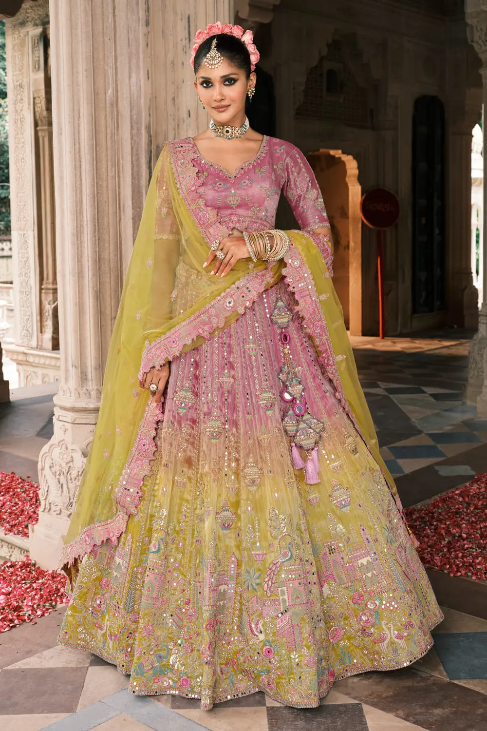 Full-length front view of the pink and yellow ghagra choli, displaying the overall silhouette and design.