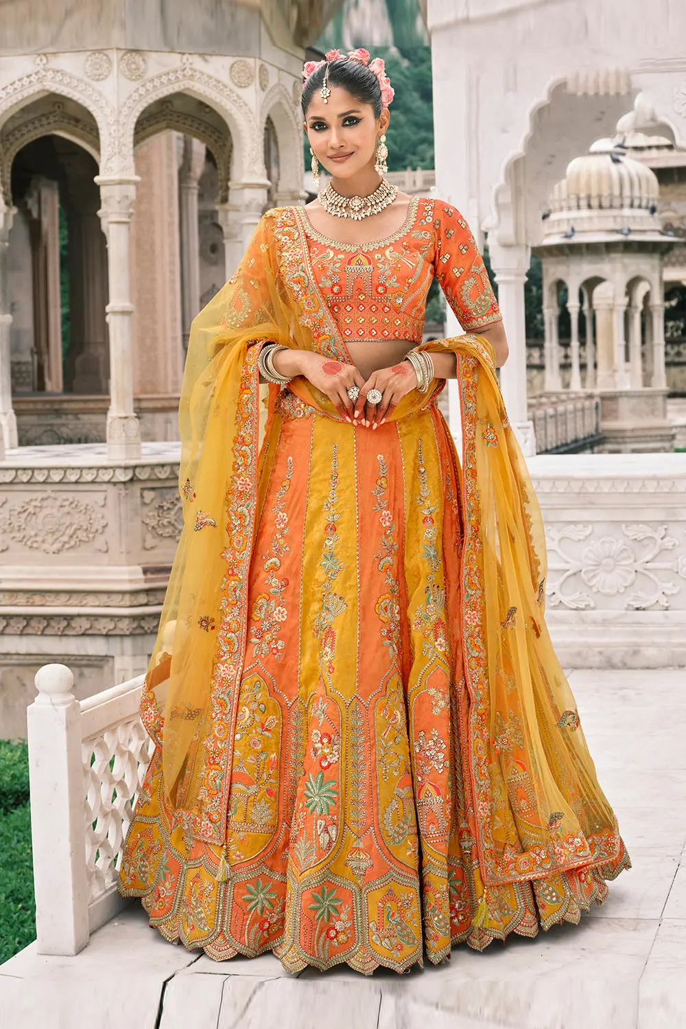 Sunshine Hues Orange & Yellow Two-Tone Bridal Lehenga Choli Set Sunshine Hues Orange & Yellow Two-Tone Bridal Lehenga Choli Set