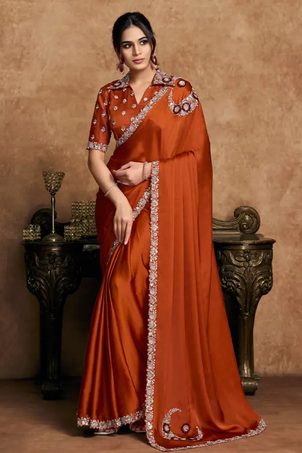 Front view of Rust Orange Satin Silk Saree showcasing sequin embroidery and pearl detailing