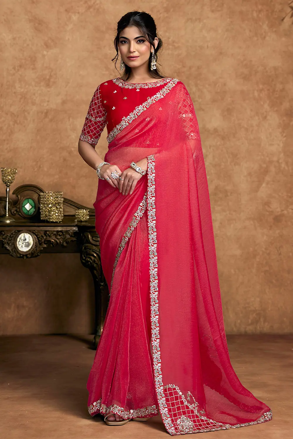 Khaish Cherry Red Shimmer Organza Silk Saree with Dual Sequin & Pearl Detailing Khaish Cherry Red Shimmer Organza Silk Saree with Dual Sequin & Pearl Detailing