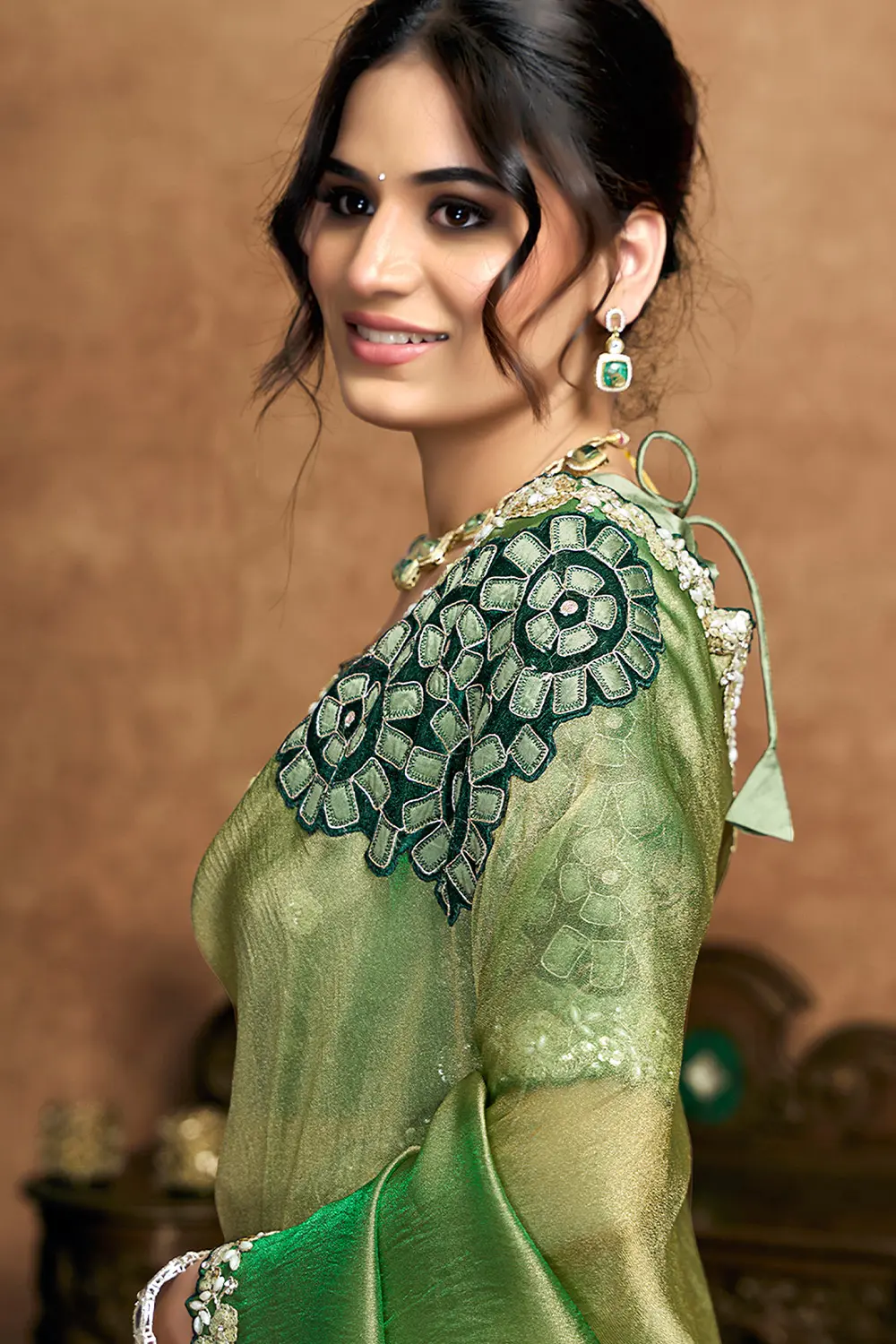Draped view highlighting shimmer organza fabric texture