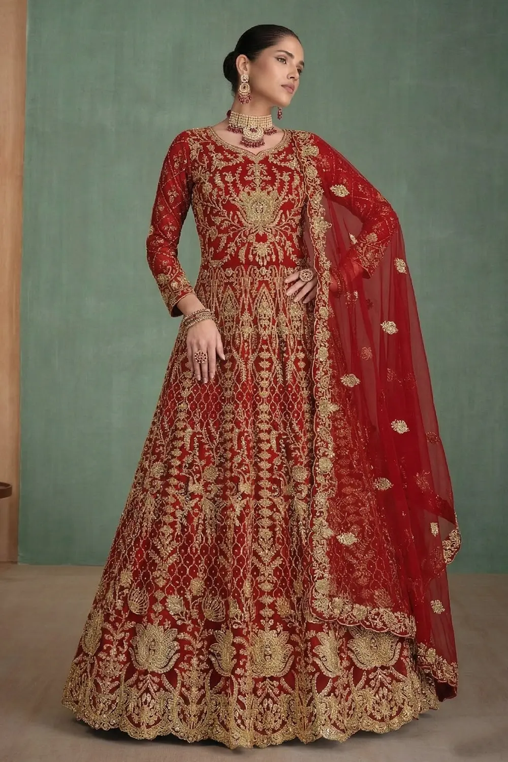 Heritage Red Silk Anarkali Gown with Heavy Embroidered Net Dupatta Heritage Red Silk Anarkali Gown with Heavy Embroidered Net Dupatta