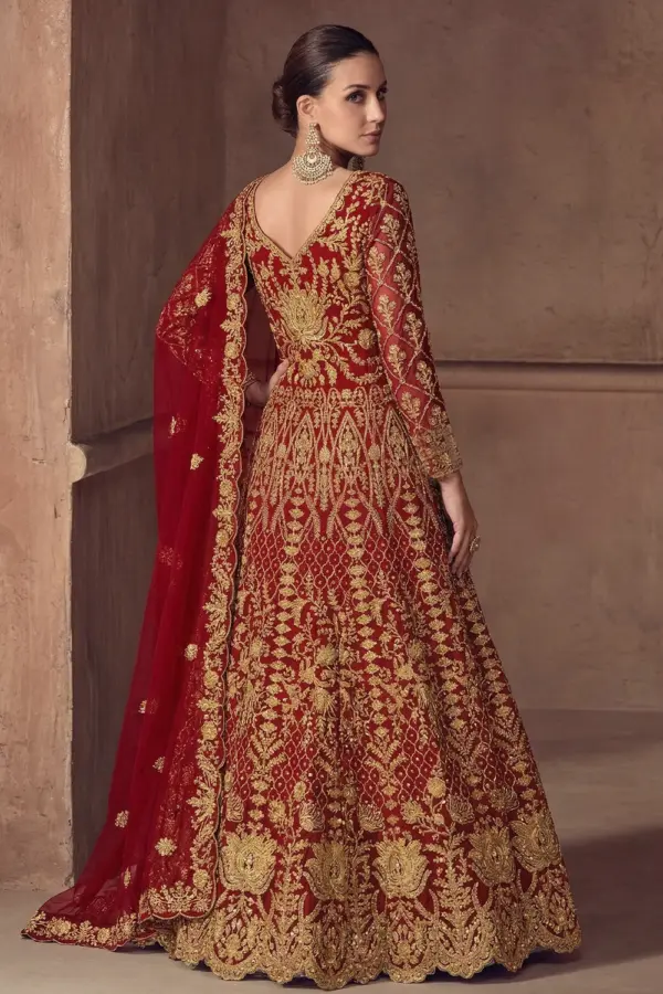 Back view of the Heavy Embroidered Anarkali gown highlighting the dupatta draping style.