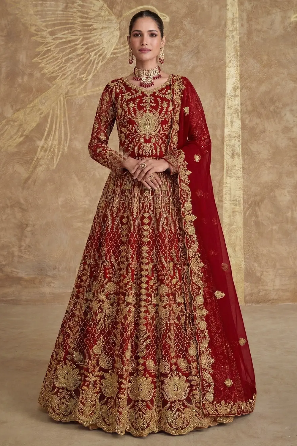 Model wearing the Wedding Anarkali Dress for Women with full flowing silhouette and net dupatta.