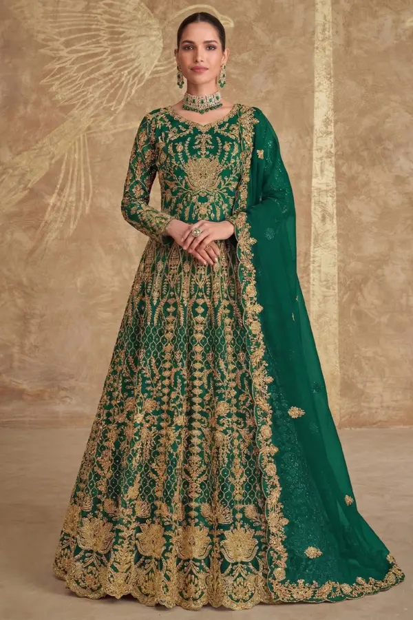 Front view of the Green Embroidered Anarkali Gown showcasing the heavy stone work on pure butterfly net.