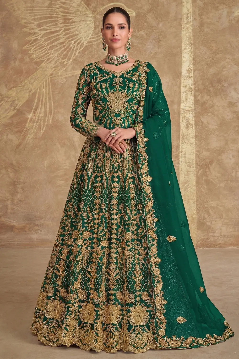 Signature Green Embroidered Anarkali Gown with Net Dupatta & Stone Work Signature Green Embroidered Anarkali Gown with Net Dupatta & Stone Work