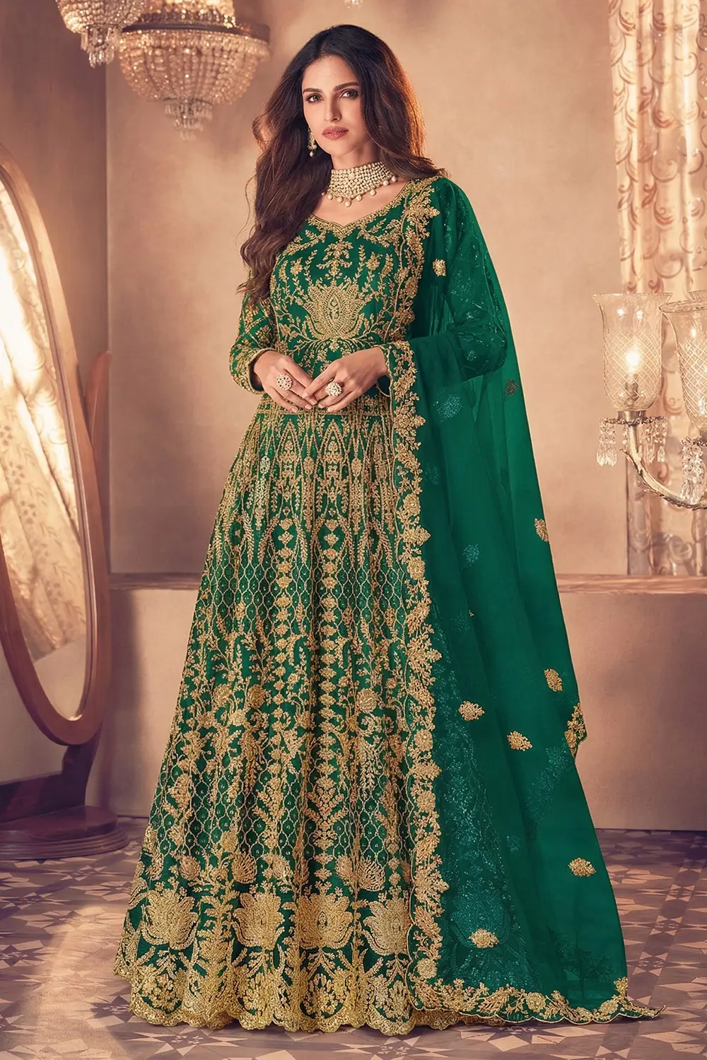 Side profile of the Festive Wear Anarkali gown with flowing net dupatta and fitted silhouette.