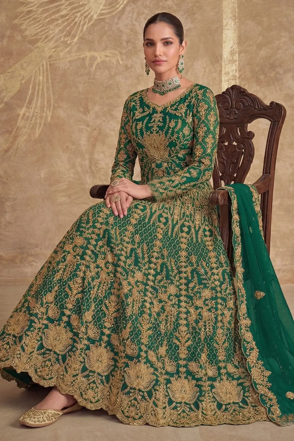 Close-up of intricate coding and stone embellishments on the Green Embroidered Anarkali Gown neckline.