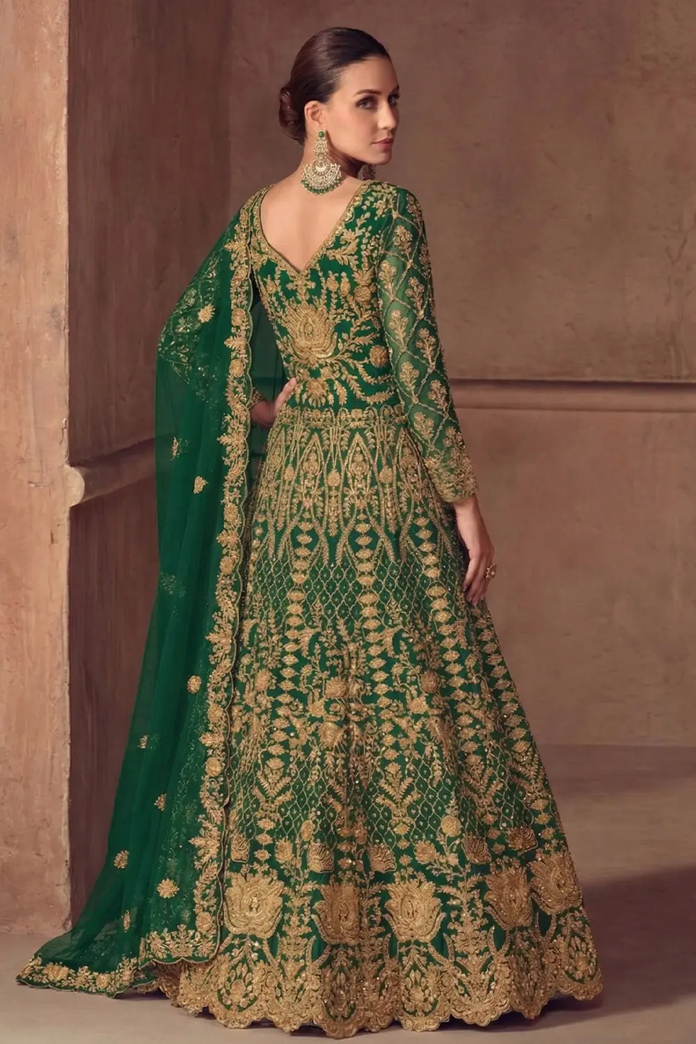 Back detail of the Bottle Green Anarkali Dress highlighting the elaborate embroidery and dupatta fall.